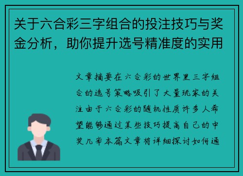 关于六合彩三字组合的投注技巧与奖金分析，助你提升选号精准度的实用指南